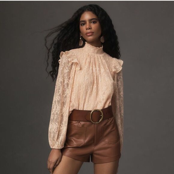 porridge x Anthro Peach Lace Mock Neck Statement Sleeves Pleated Blouse - Picture 3 of 13